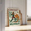Gray and white poster of stylized cricket player, minimalist Mumbai design