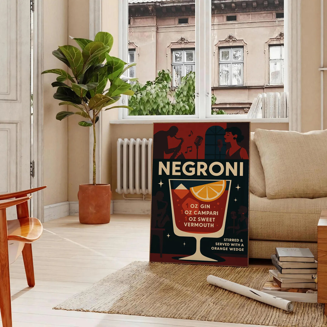Poster of a minimalist Negroni cocktail illustration in black and gray.