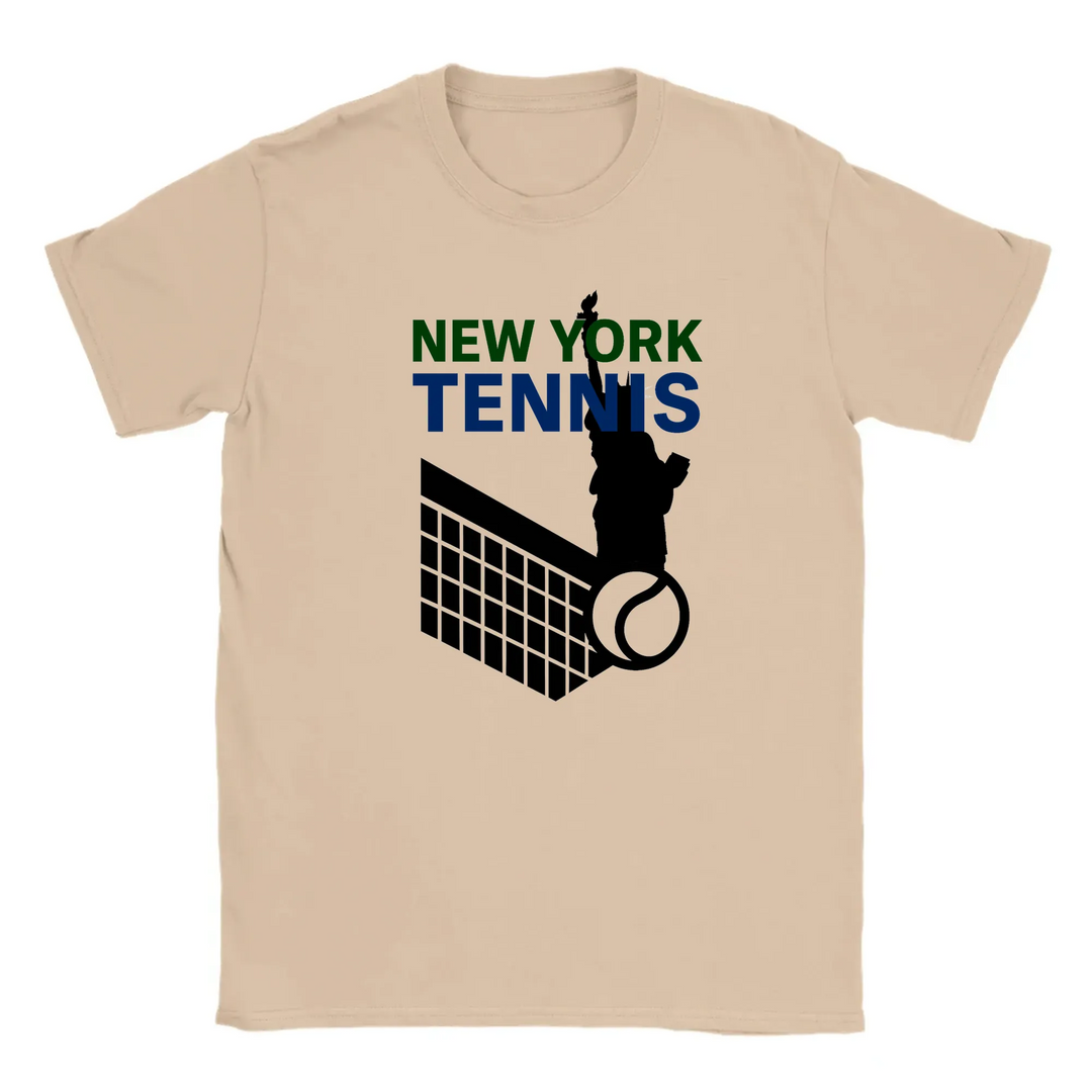 T-shirt featuring a graphic of tennis rackets and a ball with New York text
