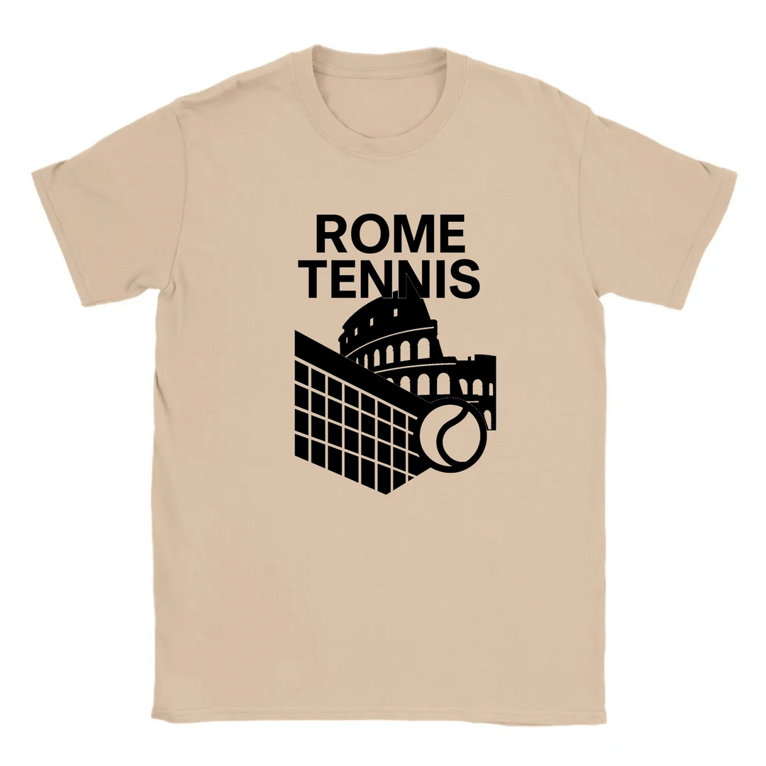 T-shirt featuring a graphic design of tennis elements with Rome landmarks