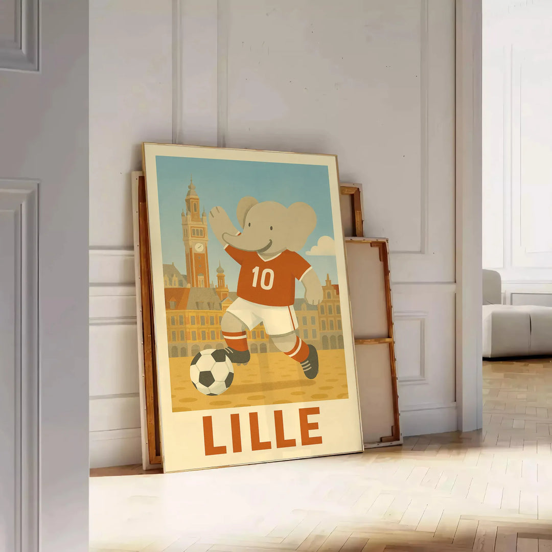 Elefante grigio che gioca a calcio con accenti arancioni in uno stile giocoso
