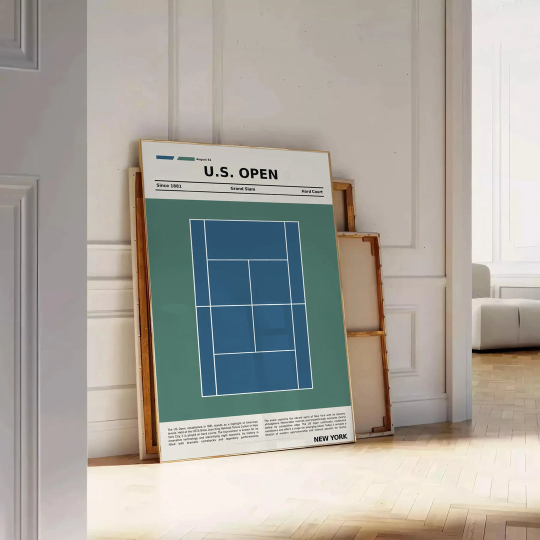 White and gray minimalist poster featuring tennis racket and court graphic