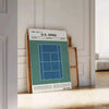 White and gray minimalist poster featuring tennis racket and court graphic