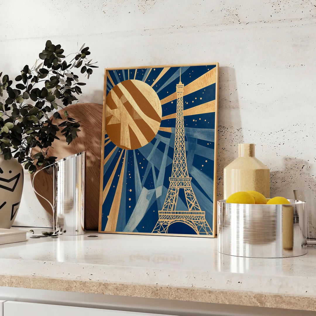 Art Deco poster of Paris featuring a stylized city skyline in green and brown