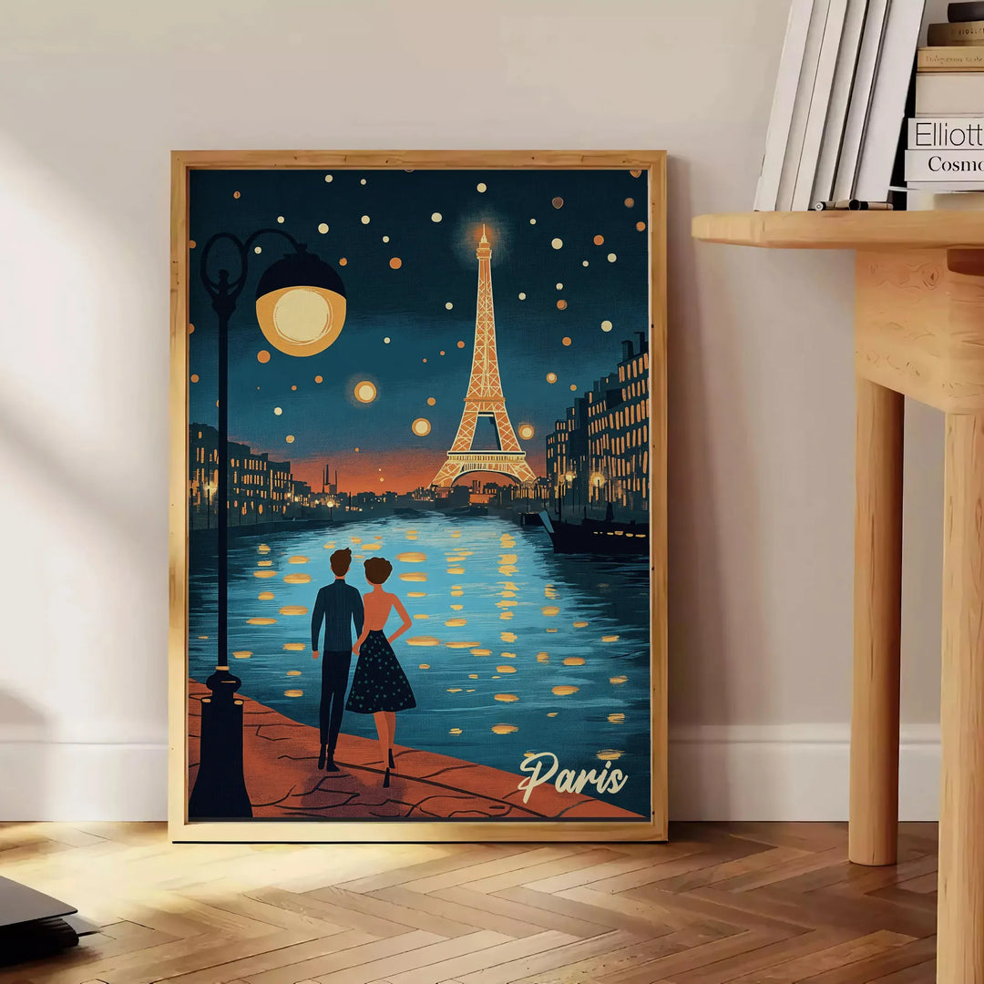 Nighttime view of Paris skyline with illuminated buildings and dark sky