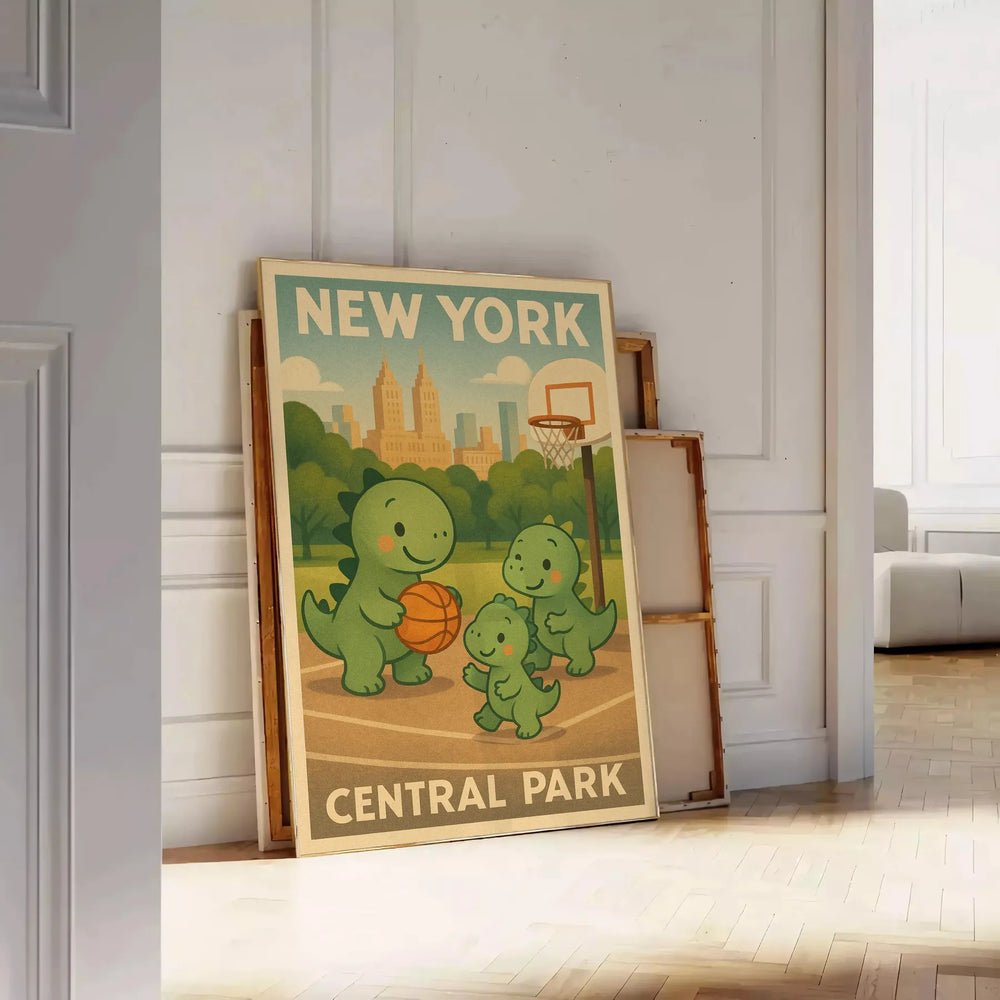 Playful dinosaurs engaging in basketball in Central Park, New York
