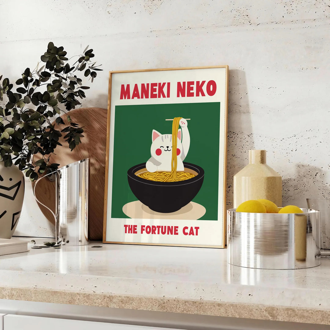 Green and gray Maneki Neko poster for kitchen, minimalist Japanese illustration
