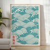 Japanese wave design in shades of blue with red and orange accents