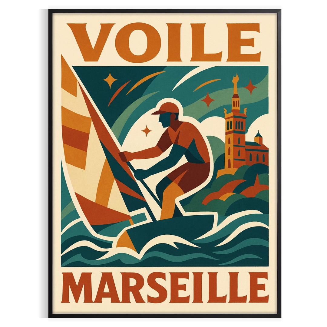 Minimalist poster of a sailboat in Marseille with blue and green tones