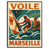 Minimalistisches Poster eines Segelboots in Marseille mit Blau- und Grüntönen