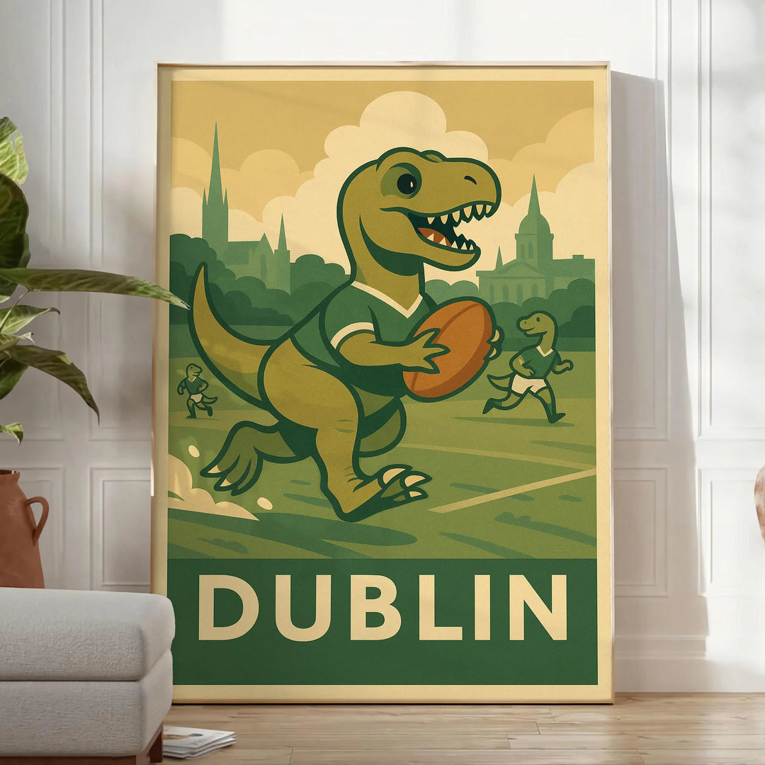 Art-deco style dinosaur playing rugby in a Dublin setting