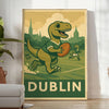 Art-deco style dinosaur playing rugby in a Dublin setting