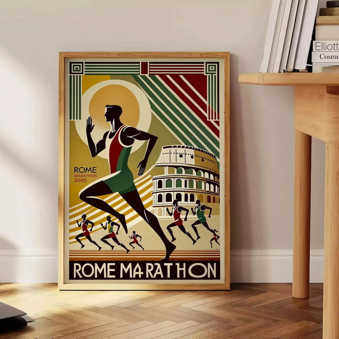 Brown and green Rome Marathon poster showing stylized runners and skyline