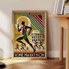 Brown and green Rome Marathon poster showing stylized runners and skyline