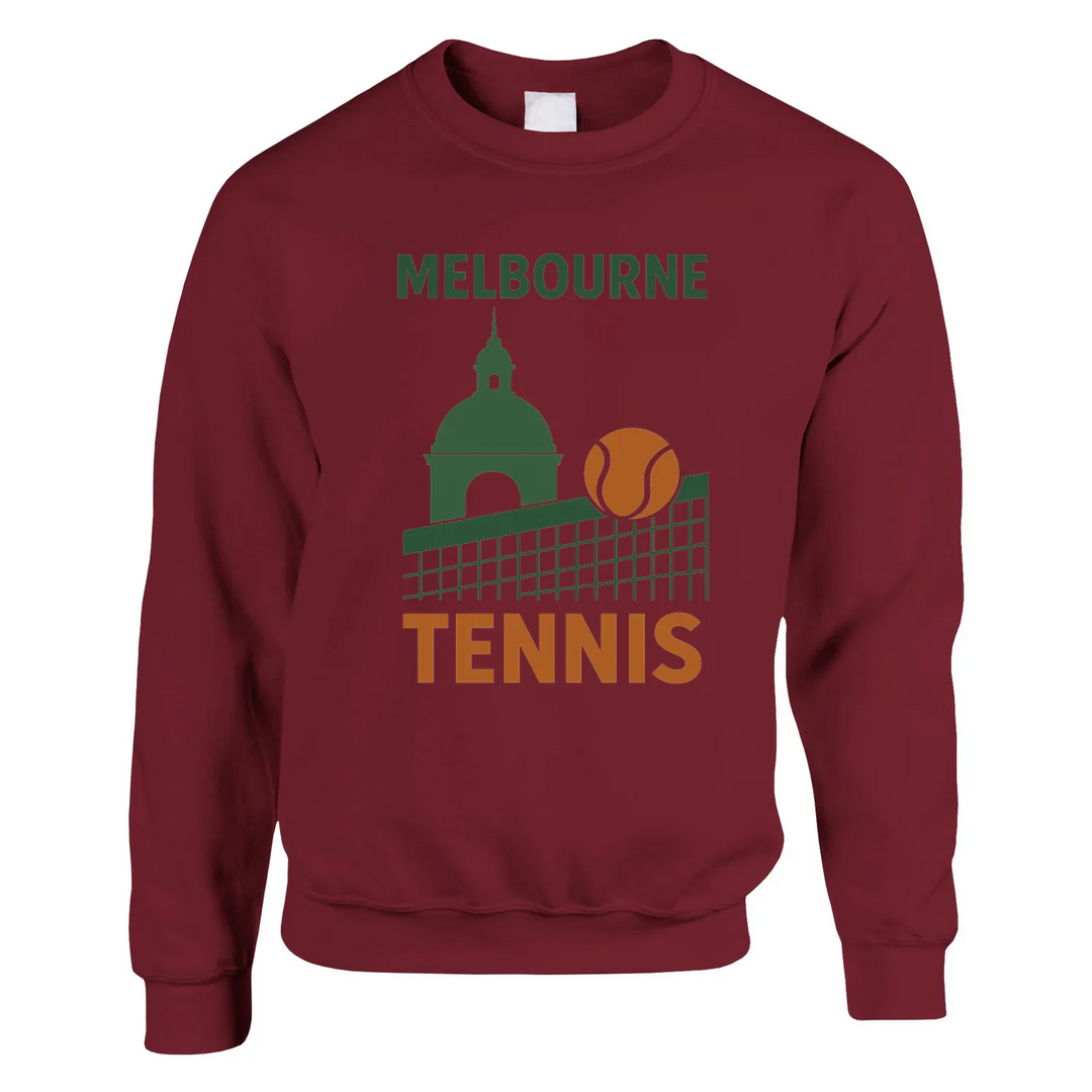 Unisex sweater featuring a retro tennis court graphic inspired by Melbourne