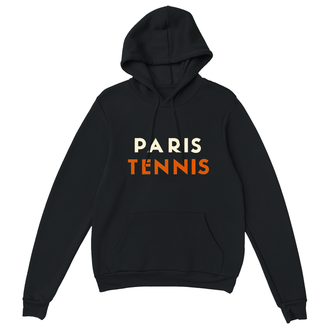 Hoodie featuring a graphic print of tennis elements and Paris motifs