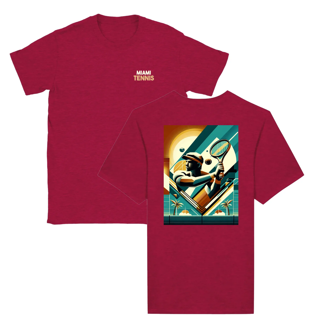 T-shirt featuring a graphic of a tennis player in action against a Miami skyline