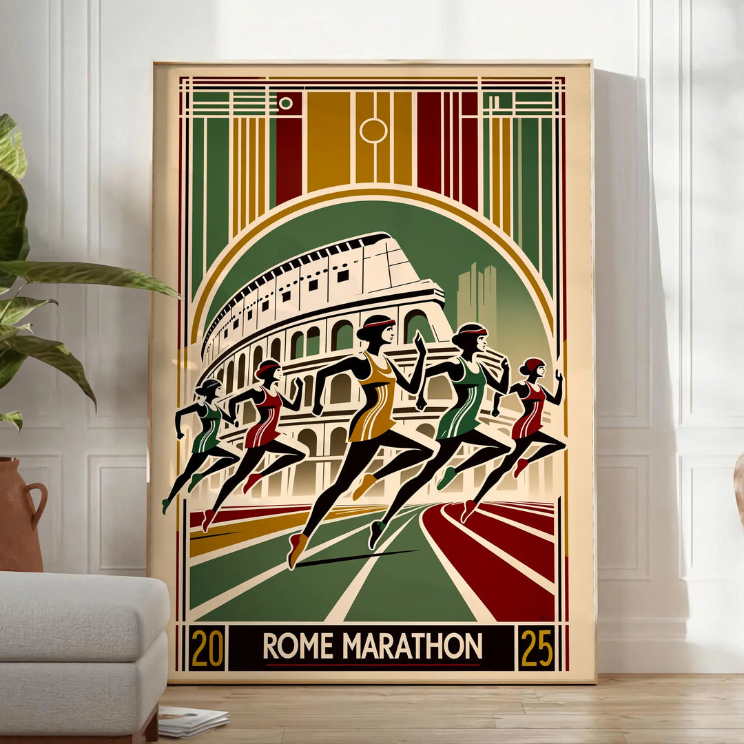 Poster Rome Marathon mit stilisierten Läufern, minimalistische Grafik in Braun und Grün