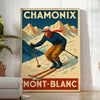 Vintage ski scene featuring Mont Blanc in white, brown, and red hues