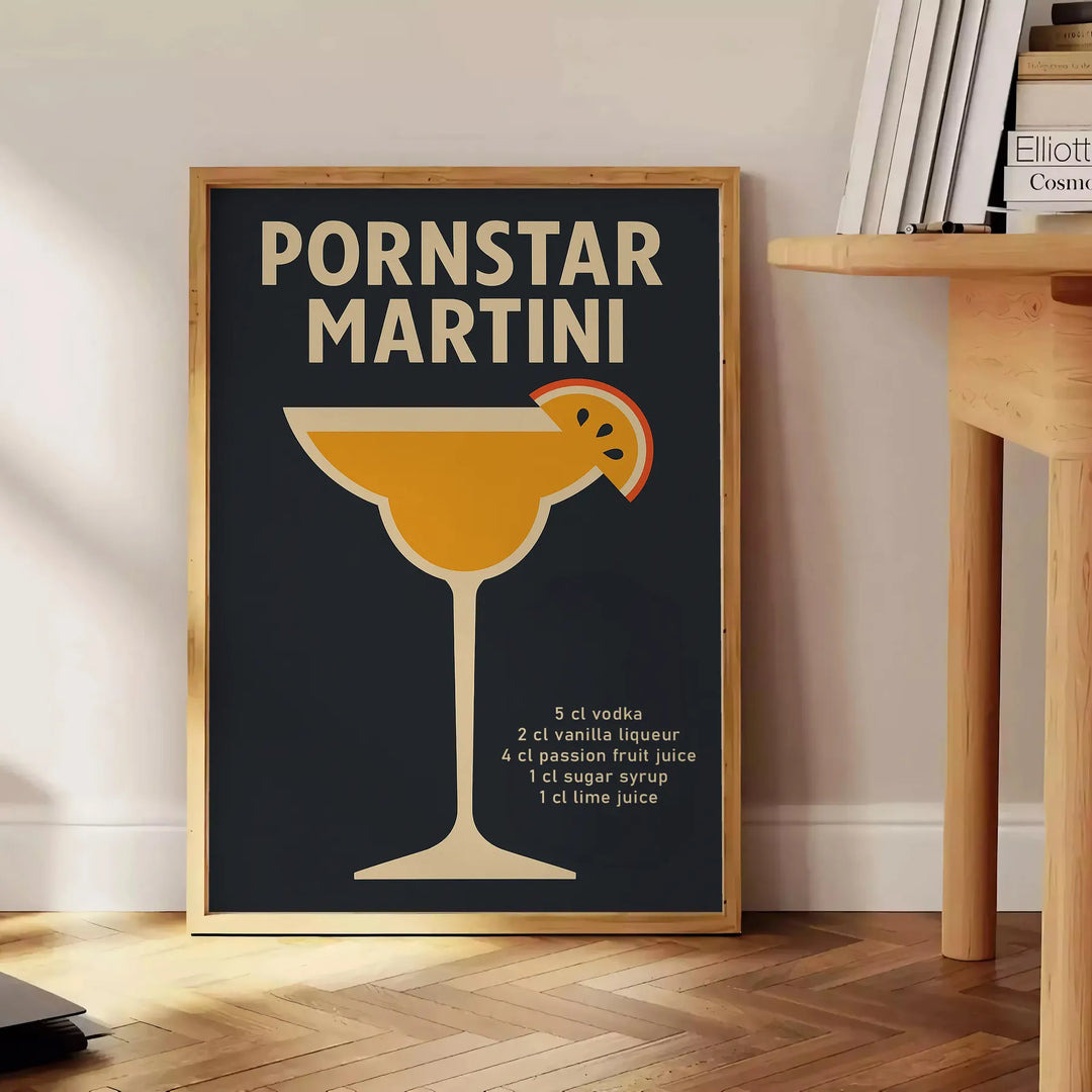 Black and gray modern poster of a Pornstar Martini cocktail illustration