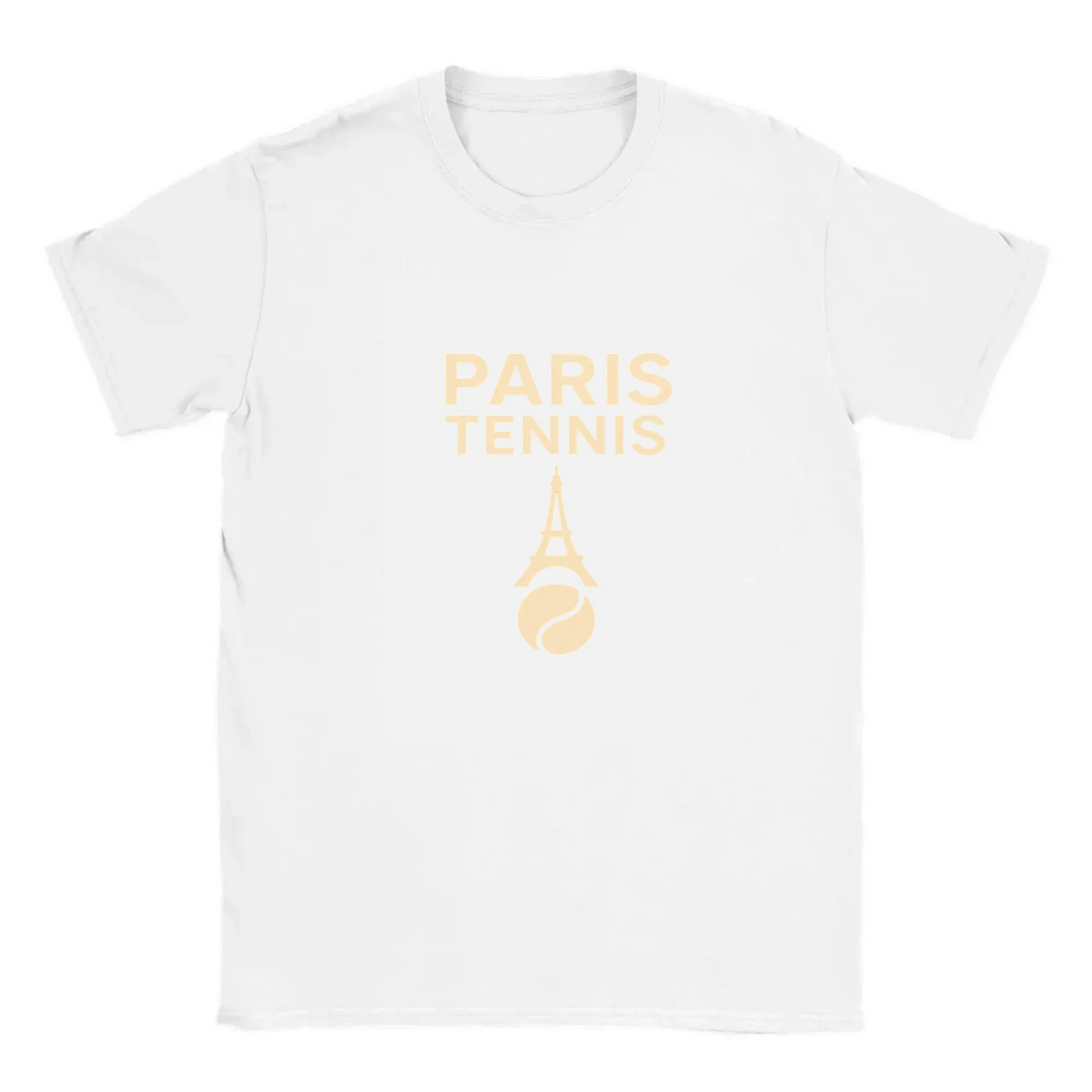 T-shirt featuring a minimalist design of the Eiffel Tower and a tennis racket