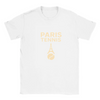 T-shirt featuring a minimalist design of the Eiffel Tower and a tennis racket