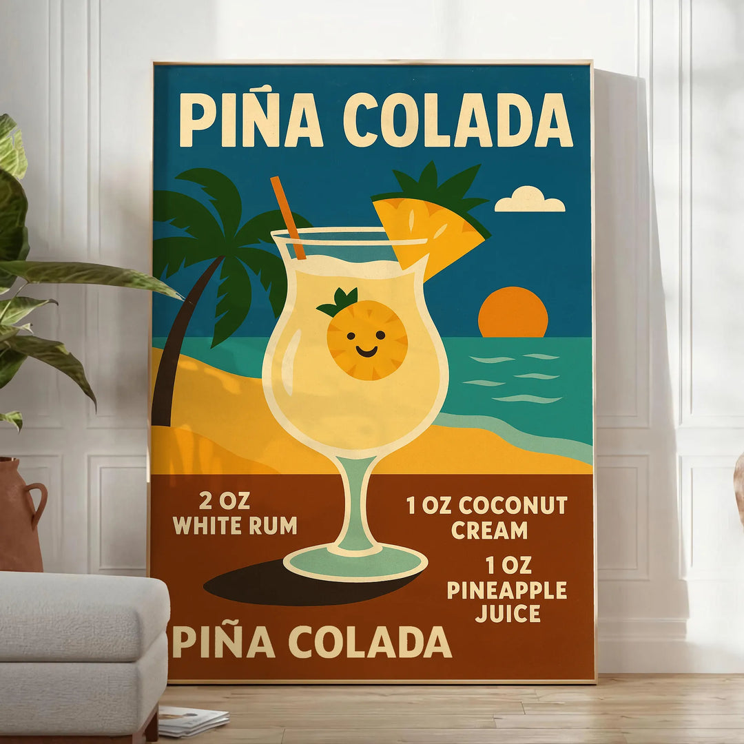 Retro illustration of a Pina Colada cocktail with orange and yellow hues
