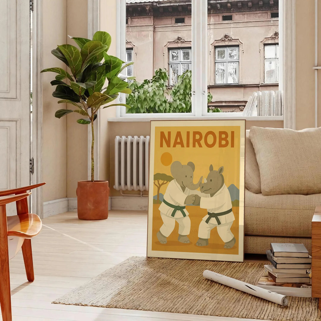 Playful elephant and rhinoceros practicing judo in Nairobi, featuring gray and green tones