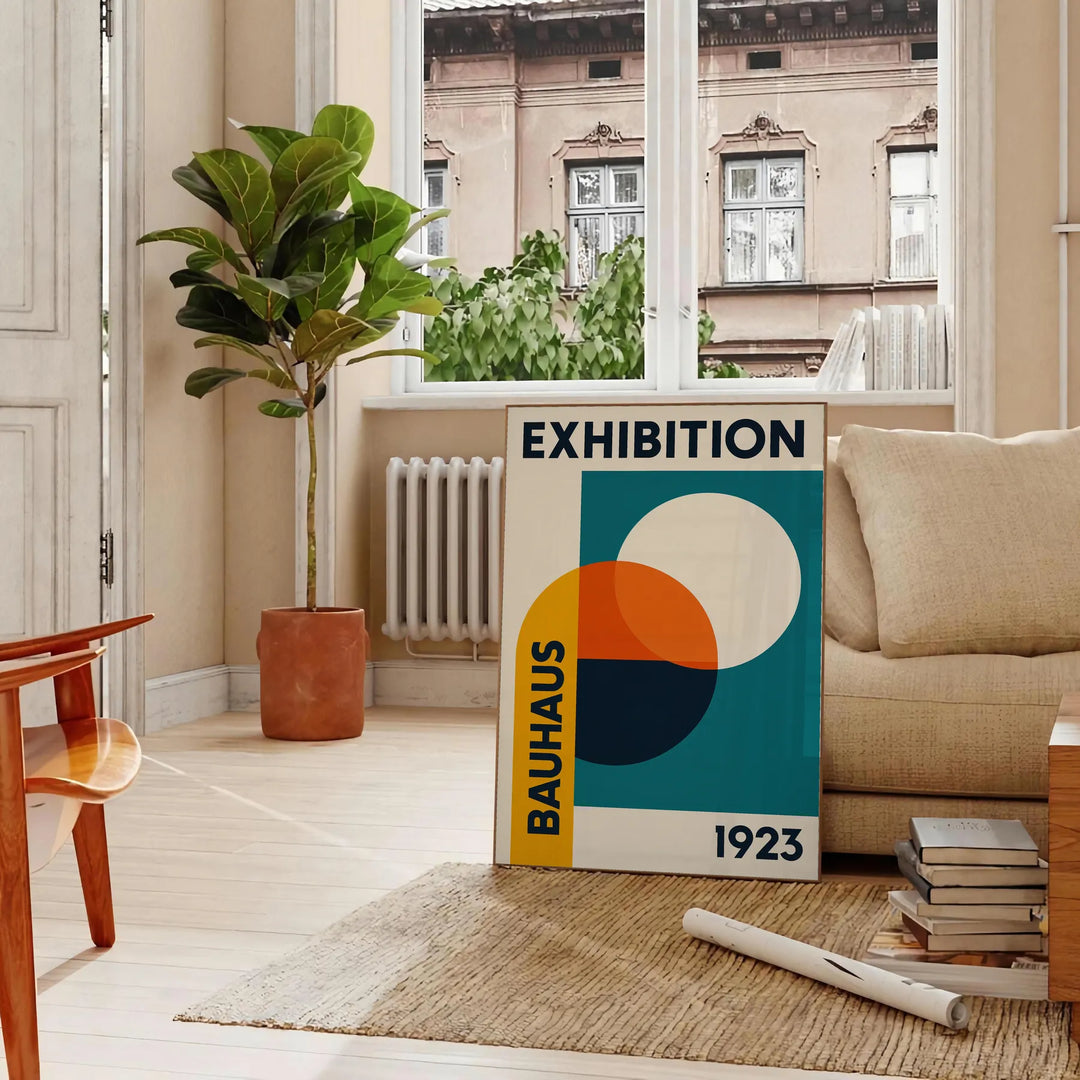 Bauhaus exhibition poster featuring geometric abstract design in blue and green