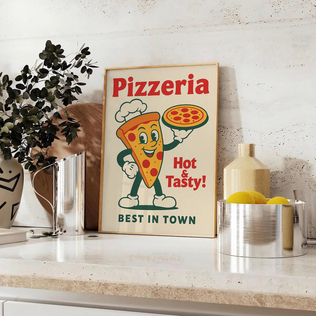 Pôster de cozinha de pizzaria ilustrado, estilo retro, tons verdes e vermelhos