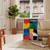Bauhaus poster featuring blue and red geometric shapes in minimalist style