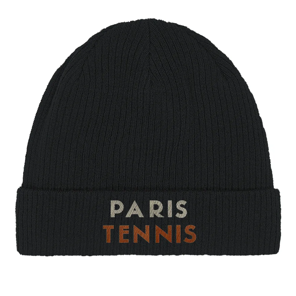 Embroidered beanie featuring a tennis design inspired by Paris