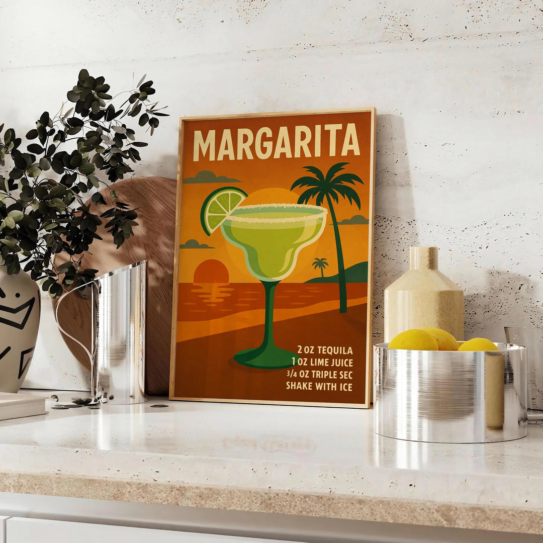 Illustration of a margarita cocktail with lime and salt, tropical colors