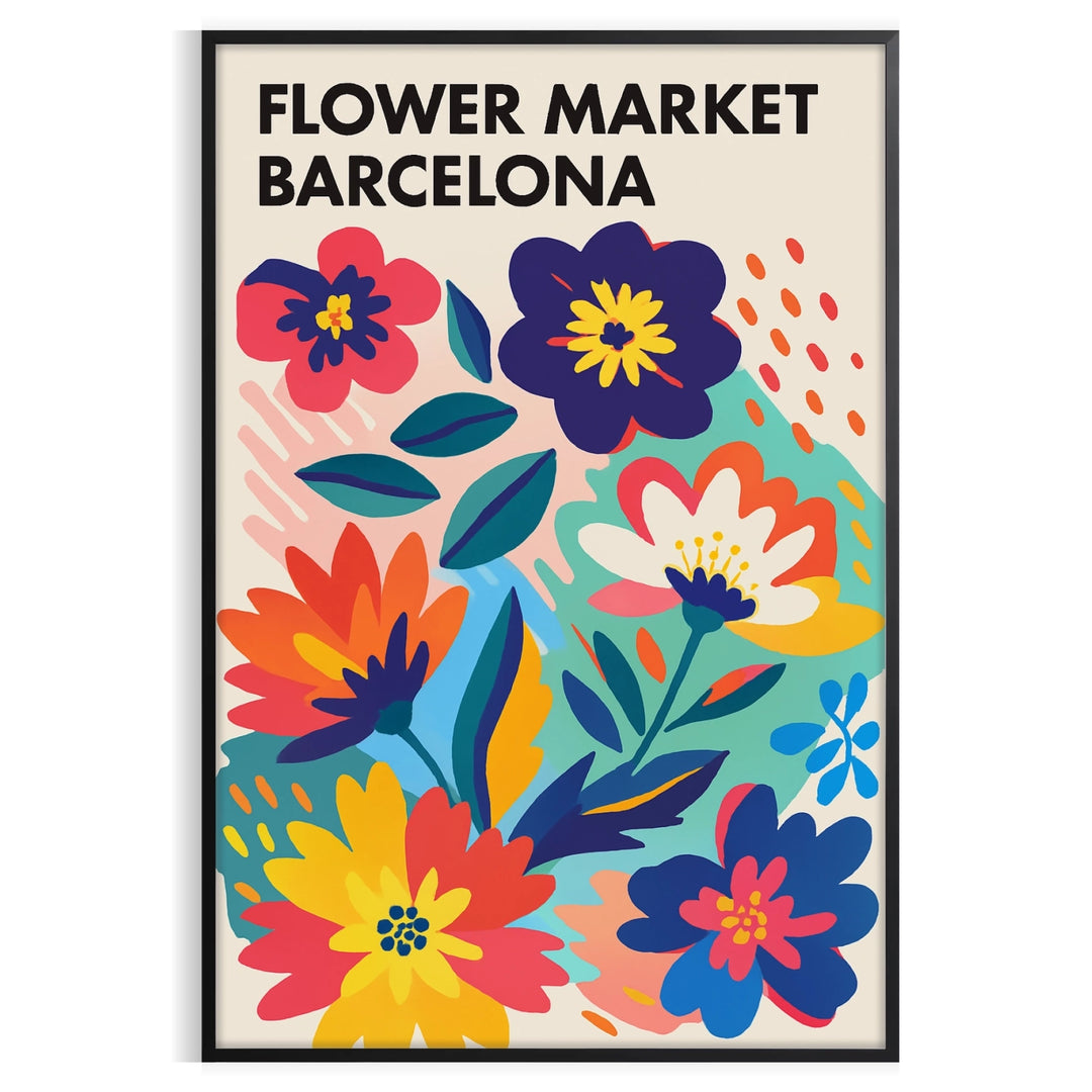 Poster showing Barcelona flower market botanical illustration in blue and orange
