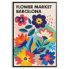 Poster del mercato dei fiori di Barcellona, illustrazione botanica blu e arancione