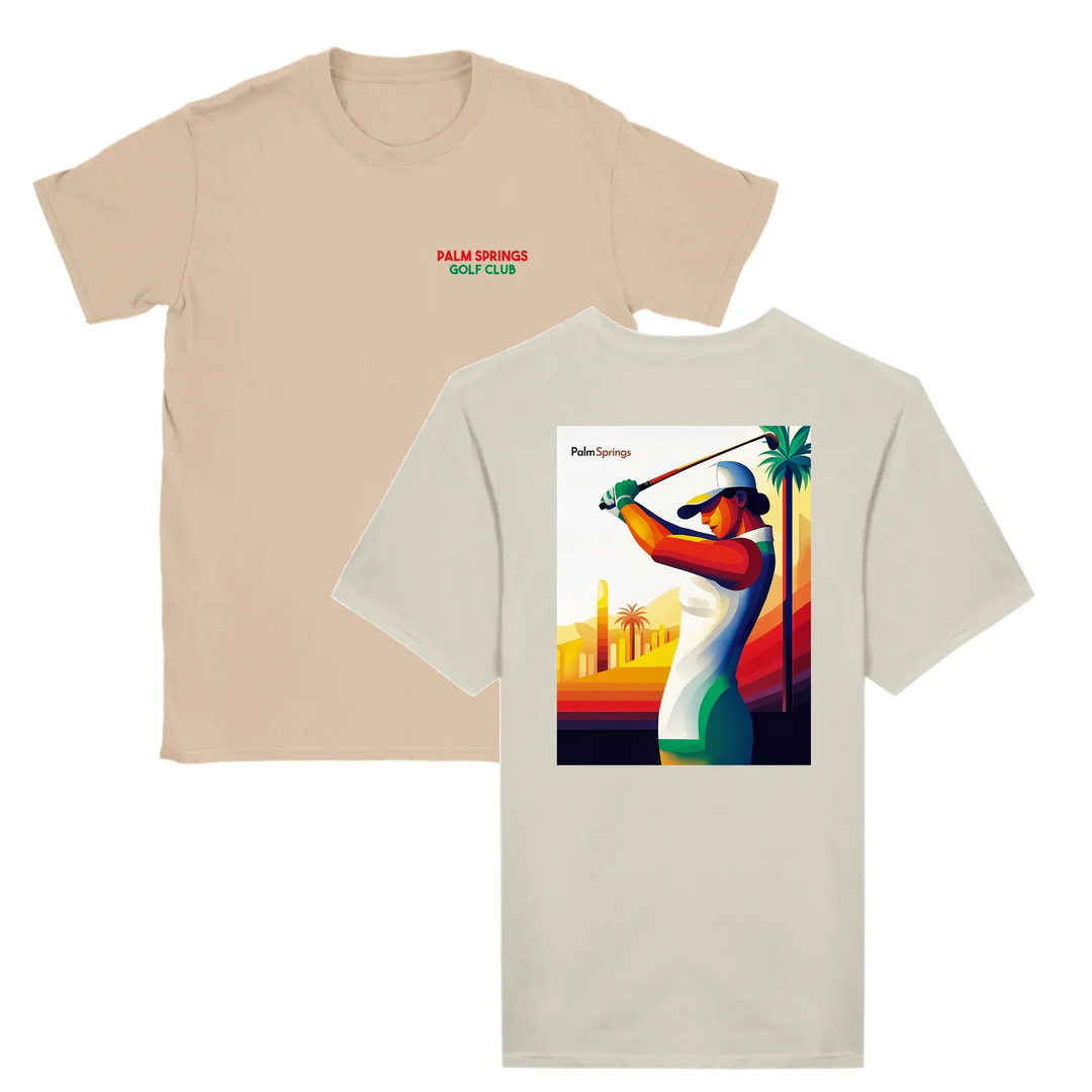 T-shirt featuring a graphic of a golf scene in Palm Springs