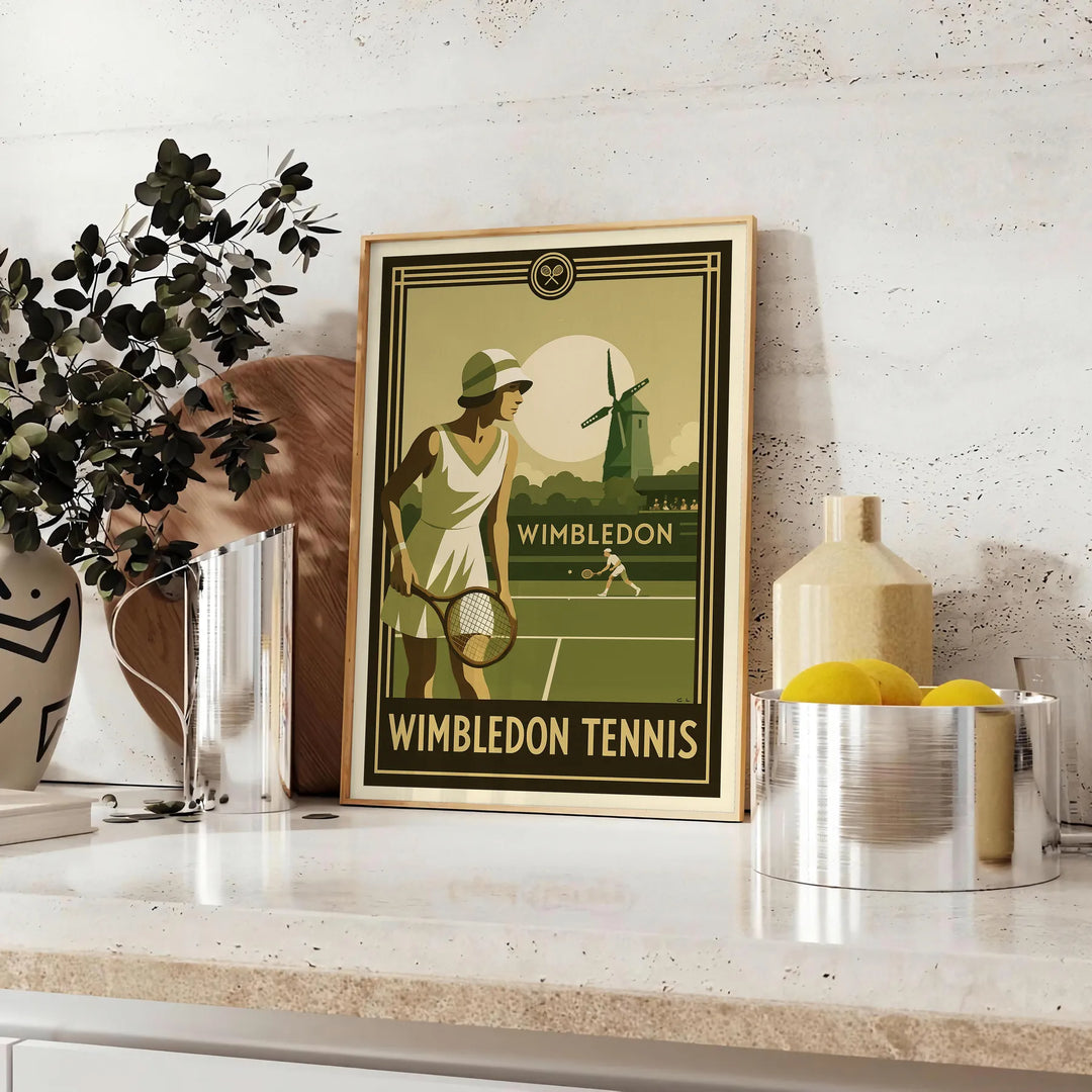 Black and brown Wimbledon poster showing minimalist tennis silhouette art