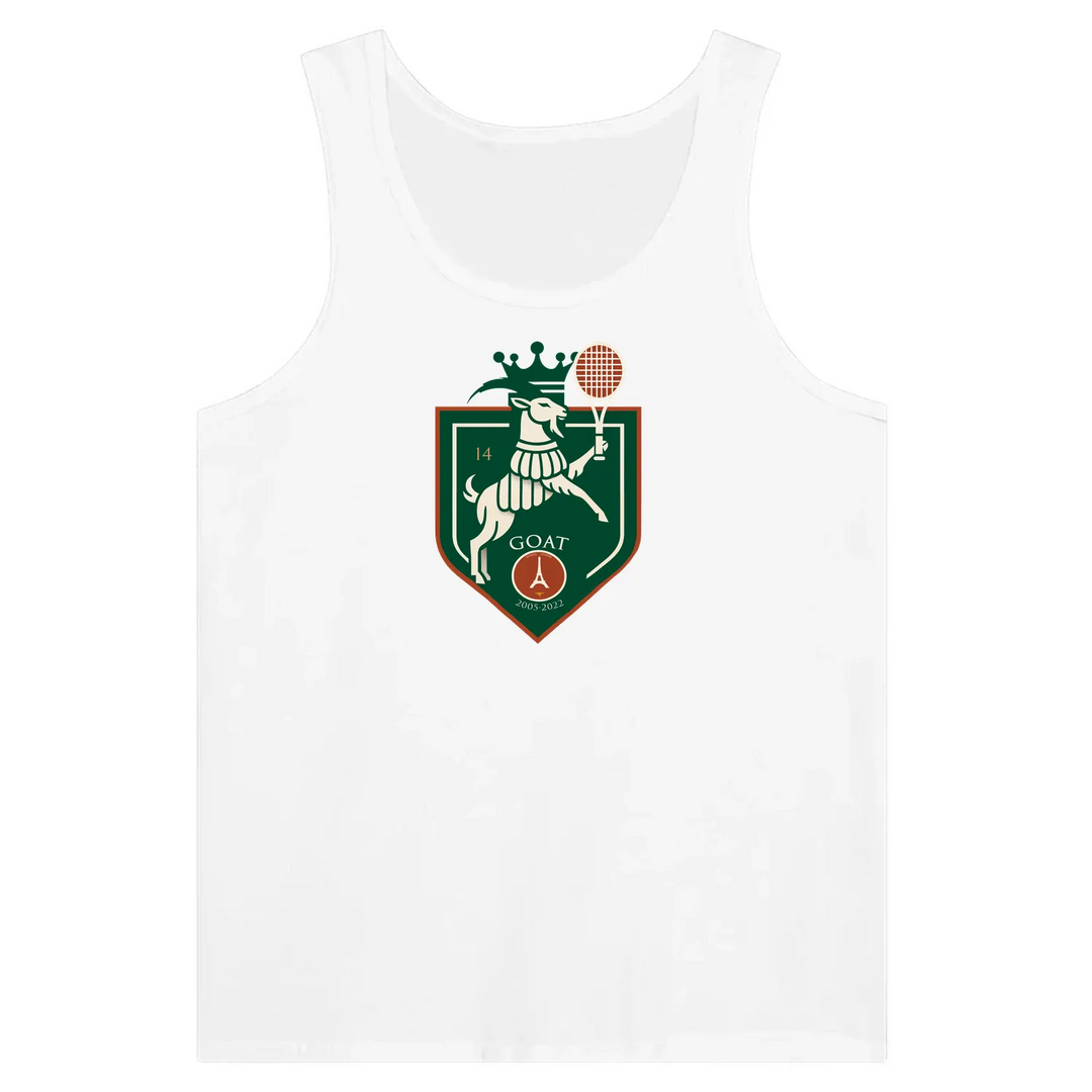 Tank top featuring a graphic of Rafael Nadal with 'GOAT' text and Paris background
