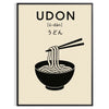 Stylized udon noodle bowl with chopsticks, orange and black graphic art