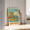 Whimsical illustration of a blue elephant paddling in Santorini