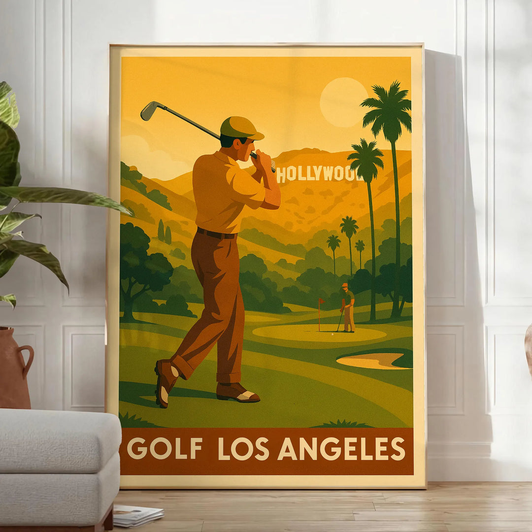 Vintage golf poster depicting Los Angeles landscape in brown and green