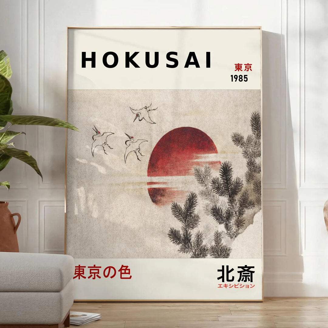 Plakat mit Vogelmotiv im Hokusai-Stil in Grau, Rot und Schwarz