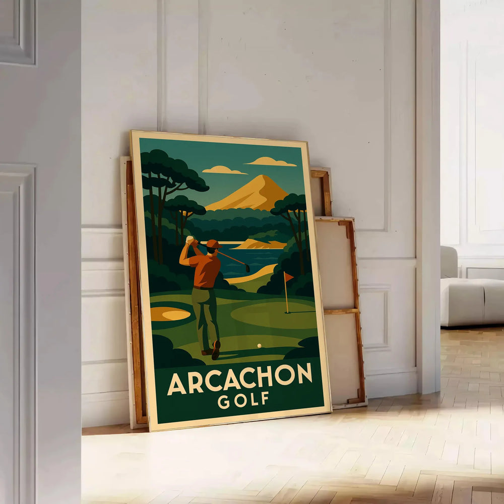 Art deco illustration of Arcachon golf course in yellow and gray tones