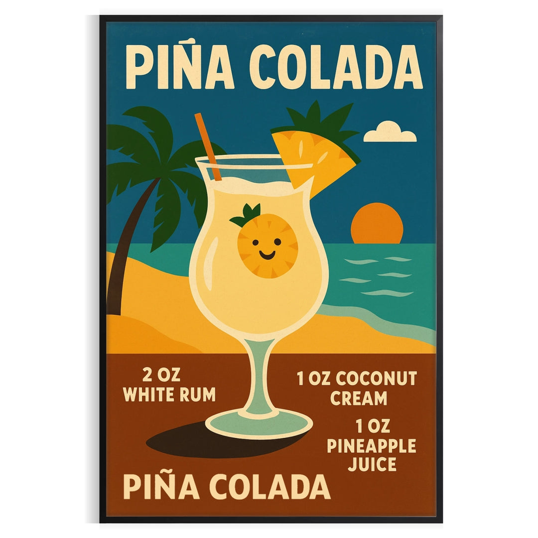 Retro illustration of a Pina Colada cocktail with orange and yellow hues