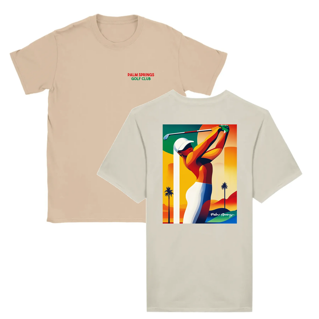 T-shirt featuring a graphic of a golf scene in Palm Springs