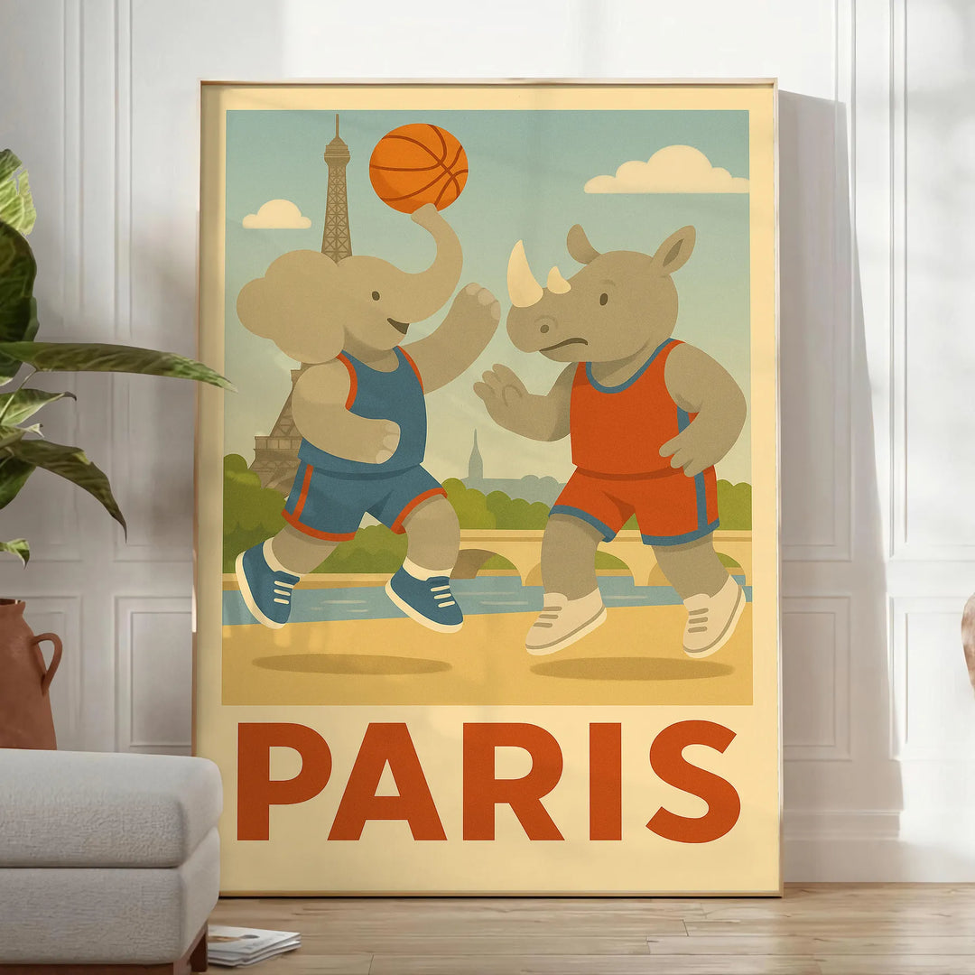 Colorful illustration of elephants and a rhinoceros playing basketball in Paris
