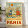 Colorful illustration of elephants and a rhinoceros playing basketball in Paris
