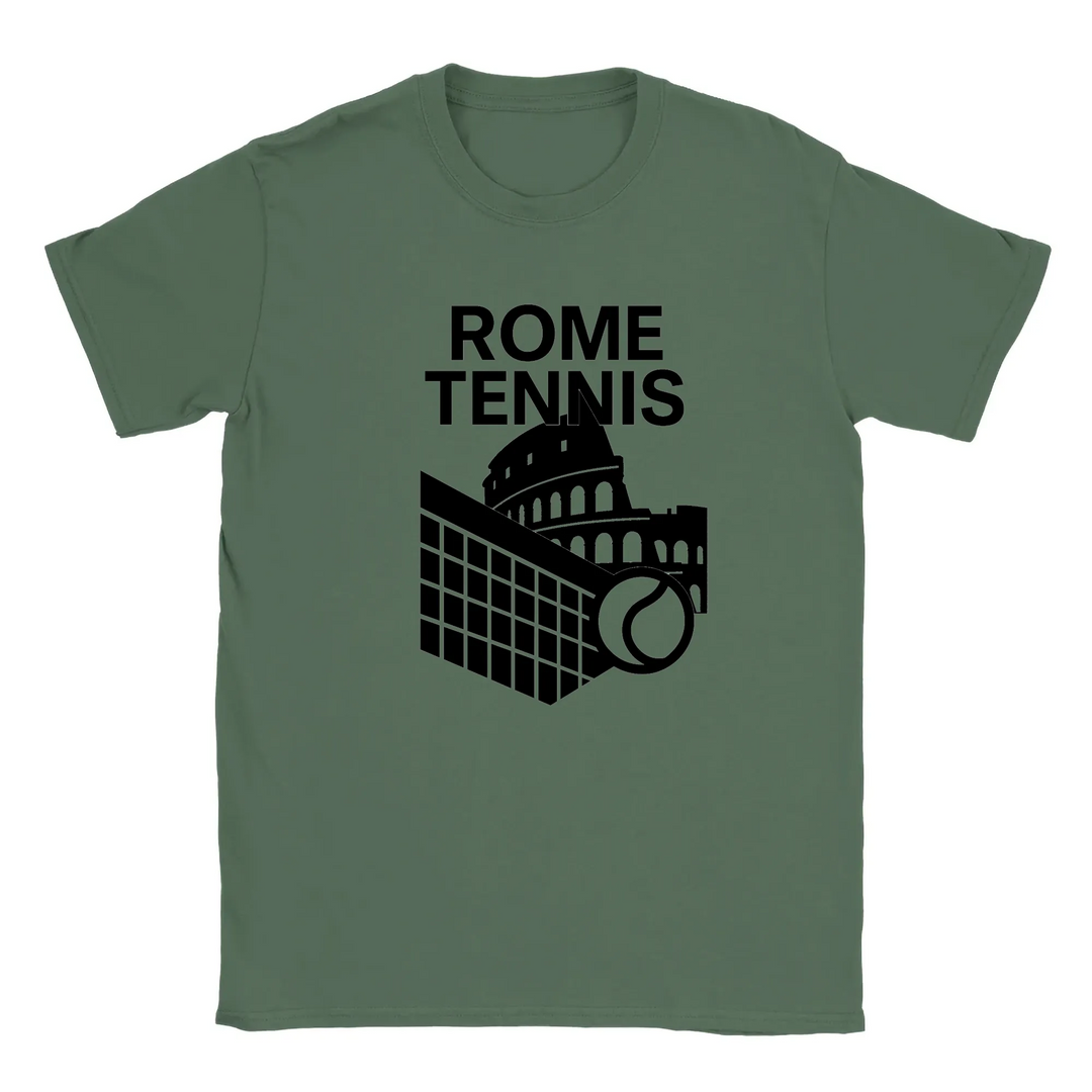 T-shirt featuring a graphic design of tennis elements with Rome landmarks