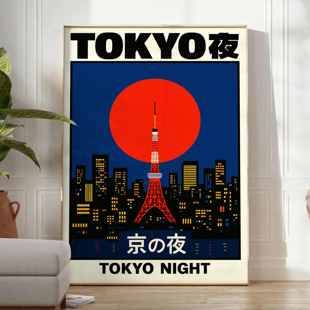 Minimalist depiction of Tokyo skyline at night with neon accents