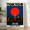 Minimalist depiction of Tokyo skyline at night with neon accents